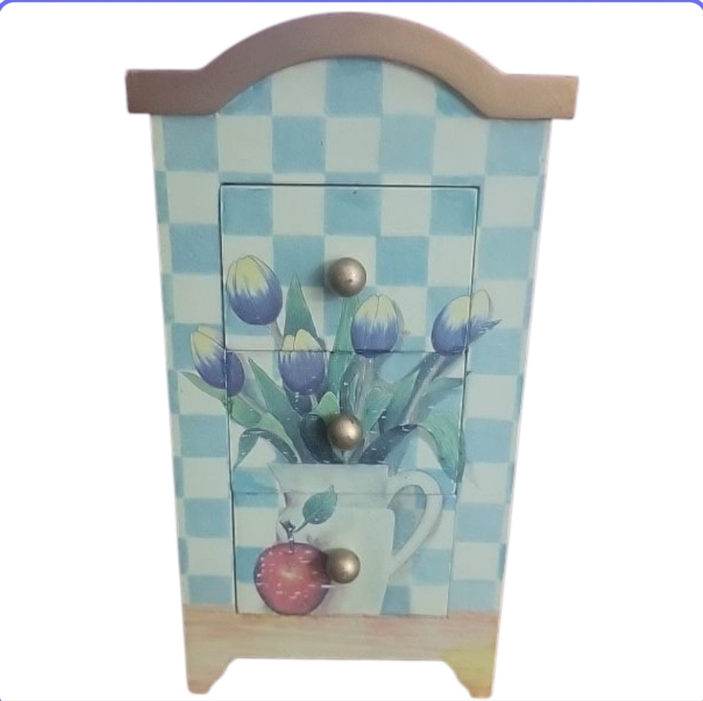 Blue Checkered Trinket Jewelry Or Makeup Wooden Chest, Distressed Look Feminine